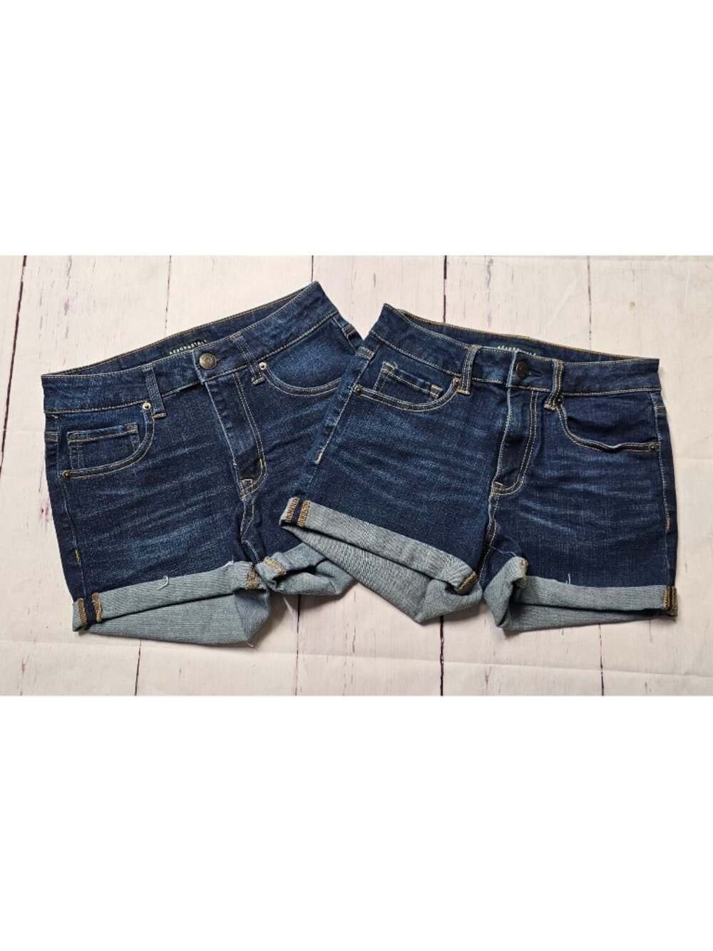 AEROPOSTALE 2  FLEX EFFECTS HIGH WAISTED MIDI DARK WASH CUFFED SHORTS SET LOT 2